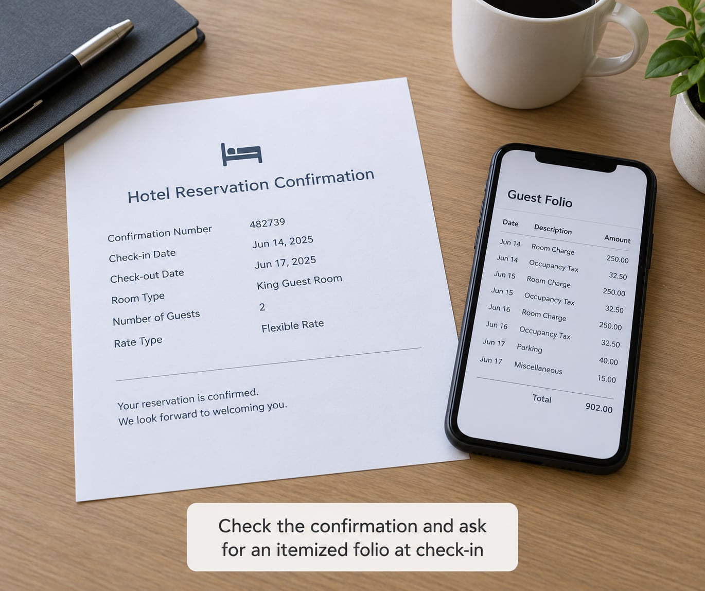 Check the confirmation and ask for an itemized folio at check-in