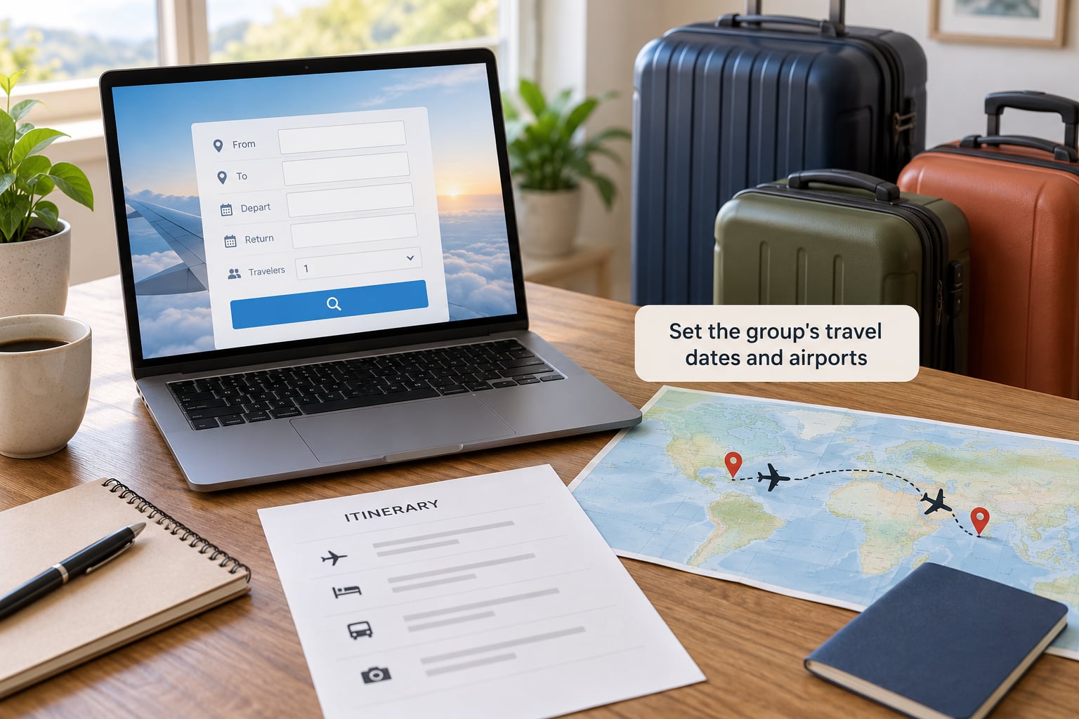 Set the group's travel dates and airports