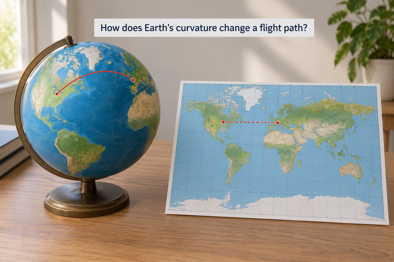 How does Earth's curvature change a flight path?